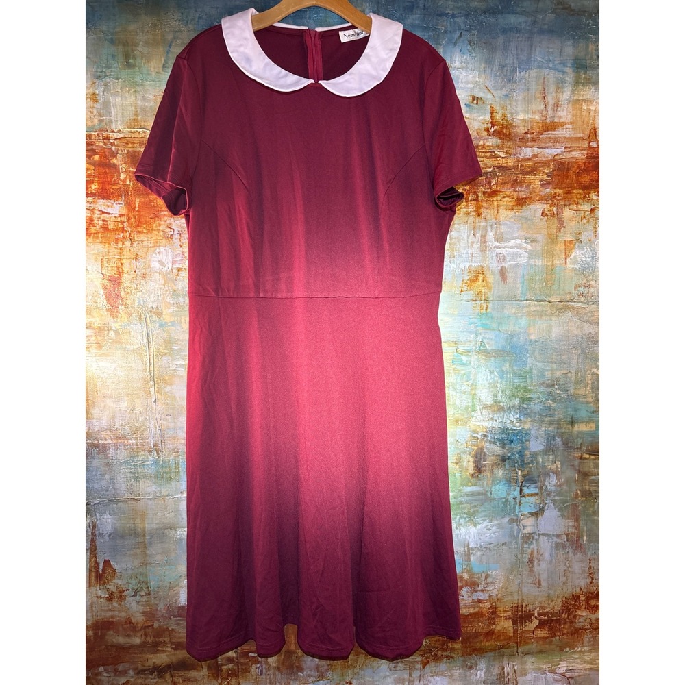 Nemidor Burgundy Peter Pan Collar Skater Dress Short Sleeve Fit Flare Sz 14